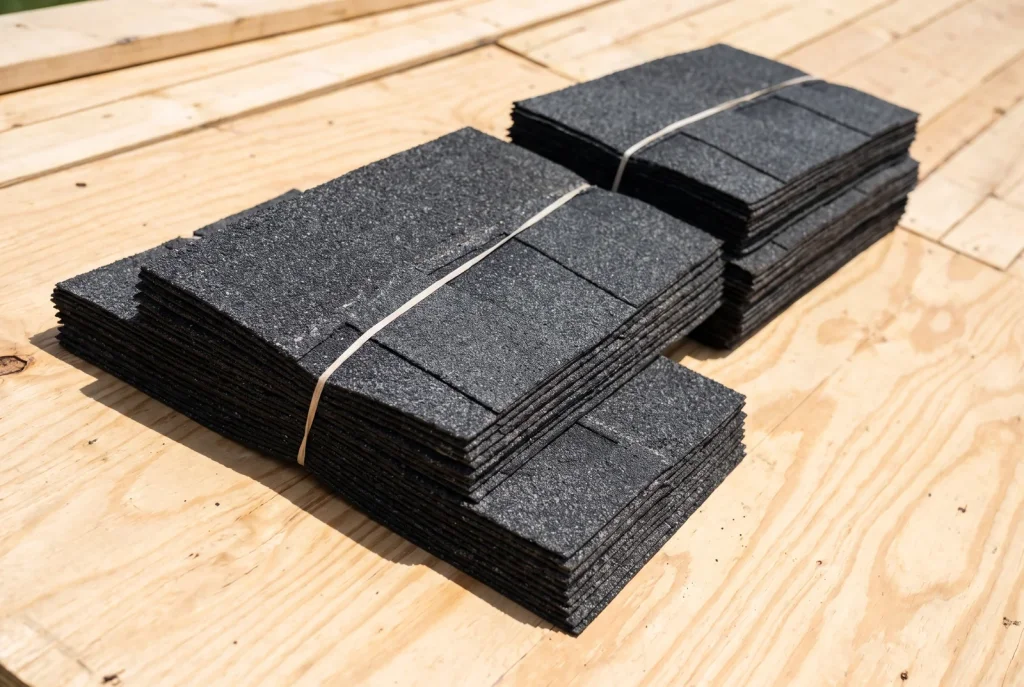 Class 4 impact-resistant asphalt shingles staged for installation in bright Lubbock sunlight