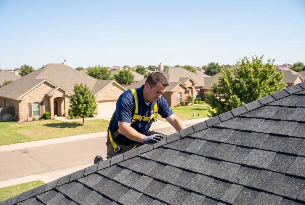 Licensed local roofing contractor inspecting shingles on a bright Lubbock rooftop