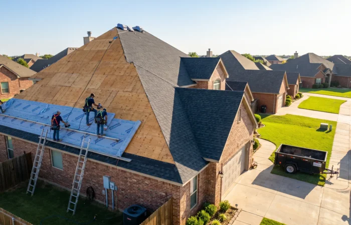 Freshly completed roof replacement in Lubbock on a tan-brick West Texas home under a bright blue sky