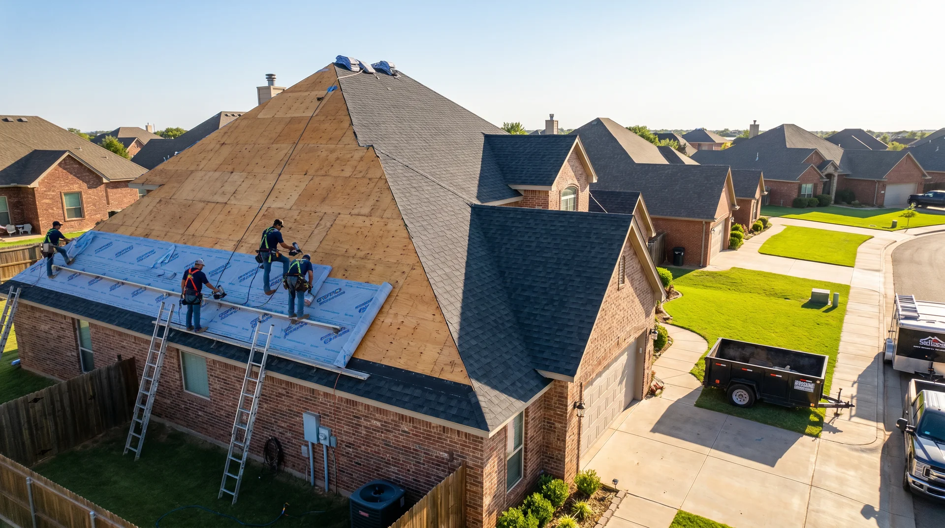 Freshly completed roof replacement in Lubbock on a tan-brick West Texas home under a bright blue sky