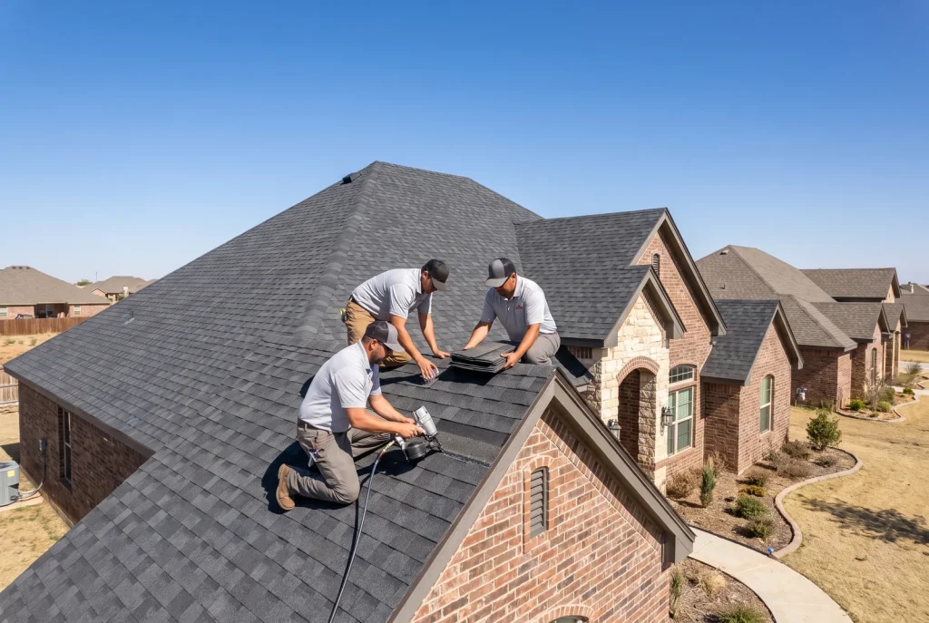 Roofers in Lubbock installing shingles on a sunlit residential roof in a West Texas neighborhood.