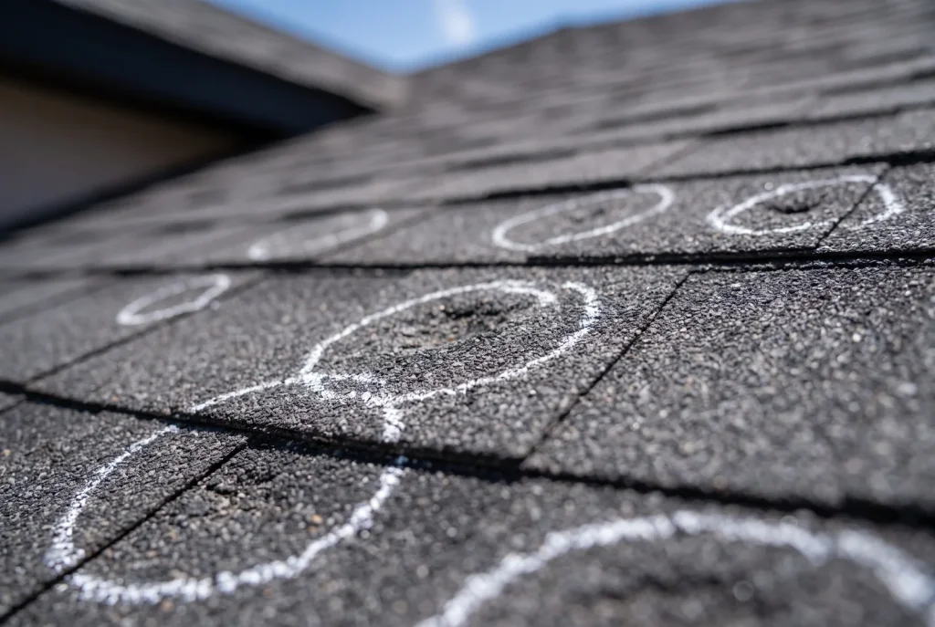 Hail-damaged asphalt shingles on a Lubbock roof marked with chalk for insurance inspection.