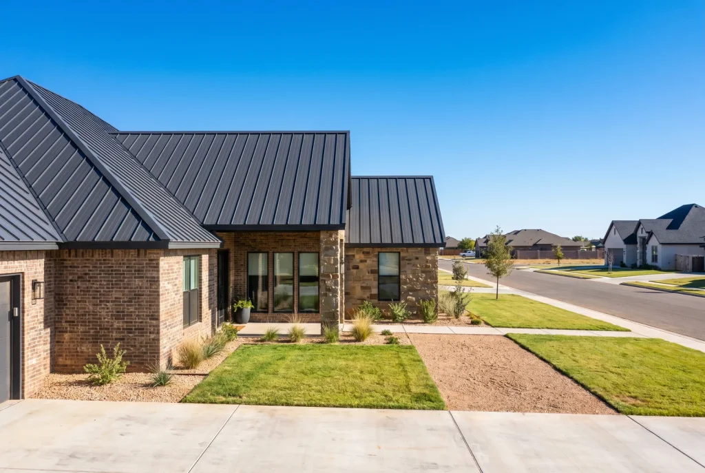 Standing-seam metal roof on a rural West Texas farmhouse under a clear blue sky.