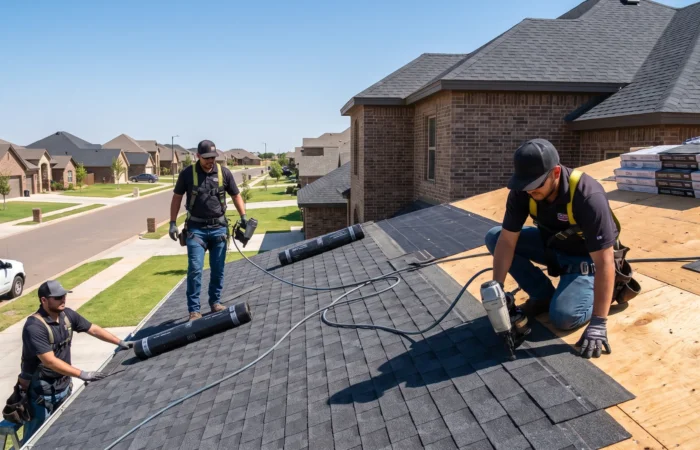 Roofers in Lubbock finishing a new charcoal shingle roof on a West Texas brick home under a bright blue sky.