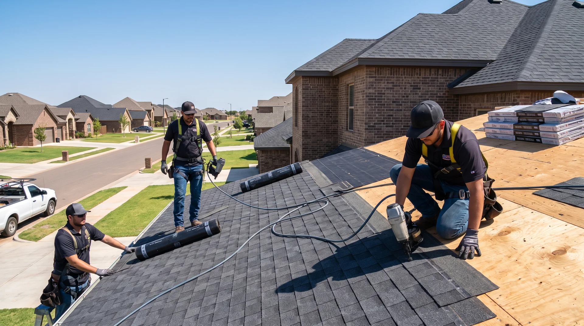 Roofers in Lubbock finishing a new charcoal shingle roof on a West Texas brick home under a bright blue sky.