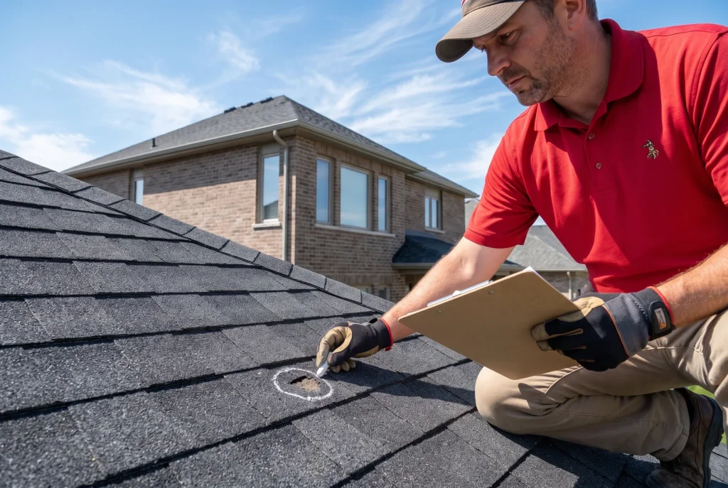 Roofing company in Lubbock inspector marking hail damage on a West Texas asphalt shingle roof