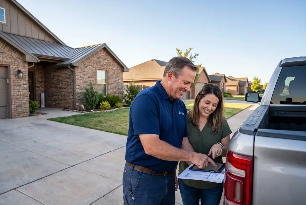 Lubbock homeowner reviewing an itemized roof replacement estimate with a local roofing contractor