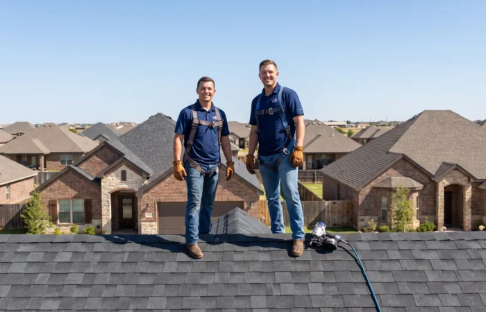 Roofing company in Lubbock installing new asphalt shingles on a bright West Texas home under a clear sky