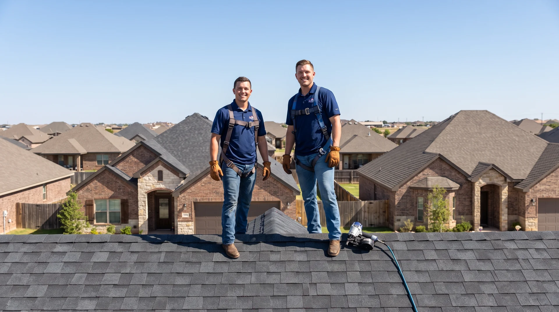 Roofing company in Lubbock installing new asphalt shingles on a bright West Texas home under a clear sky