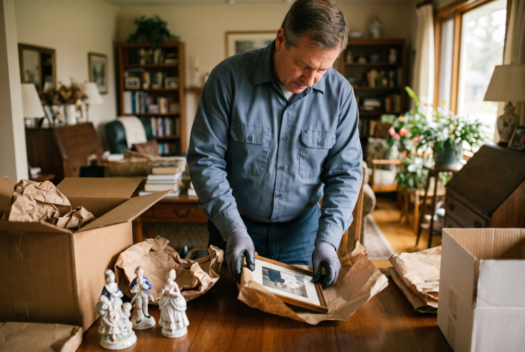 Senior moving services in Lubbock - uniformed movers gently carrying a labeled keepsake box into a bright, modern senior apartment