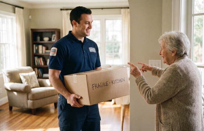 Professional uniformed senior movers in Lubbock gently carrying a boxed keepsake into a bright, modern senior living apartment on a sunny day