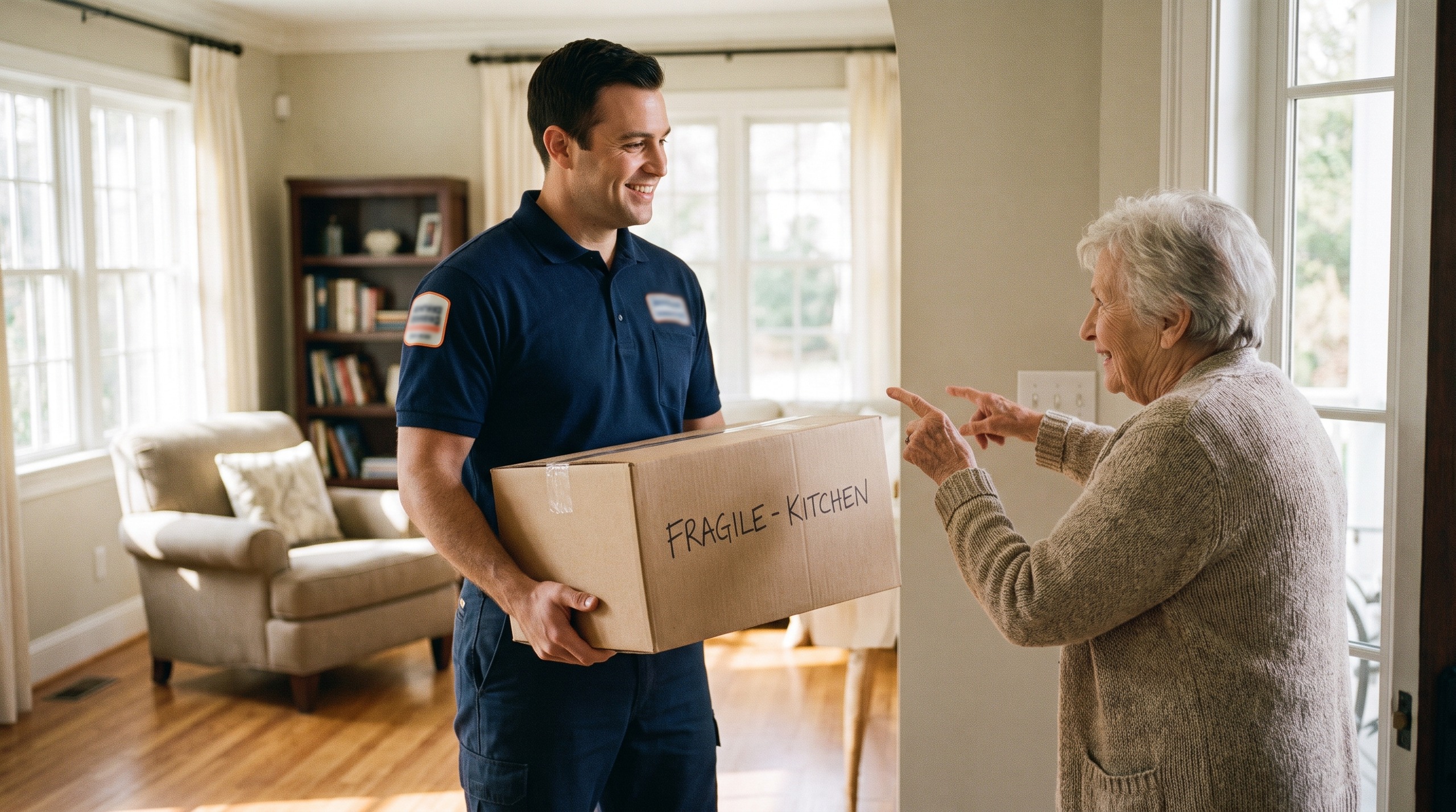 Professional uniformed senior movers in Lubbock gently carrying a boxed keepsake into a bright, modern senior living apartment on a sunny day