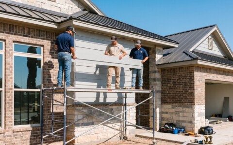 Siding Installation in Lubbock: Options, Costs, and Curb Appeal 5 Crew completing siding installation in Lubbock with fresh fiber cement siding on a modern brick-and-stone home under a blue sky