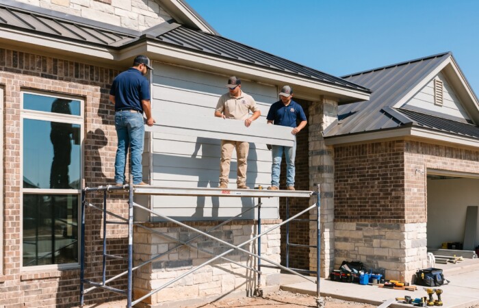 Siding Installation in Lubbock: Options, Costs, and Curb Appeal 16 Crew completing siding installation in Lubbock with fresh fiber cement siding on a modern brick-and-stone home under a blue sky