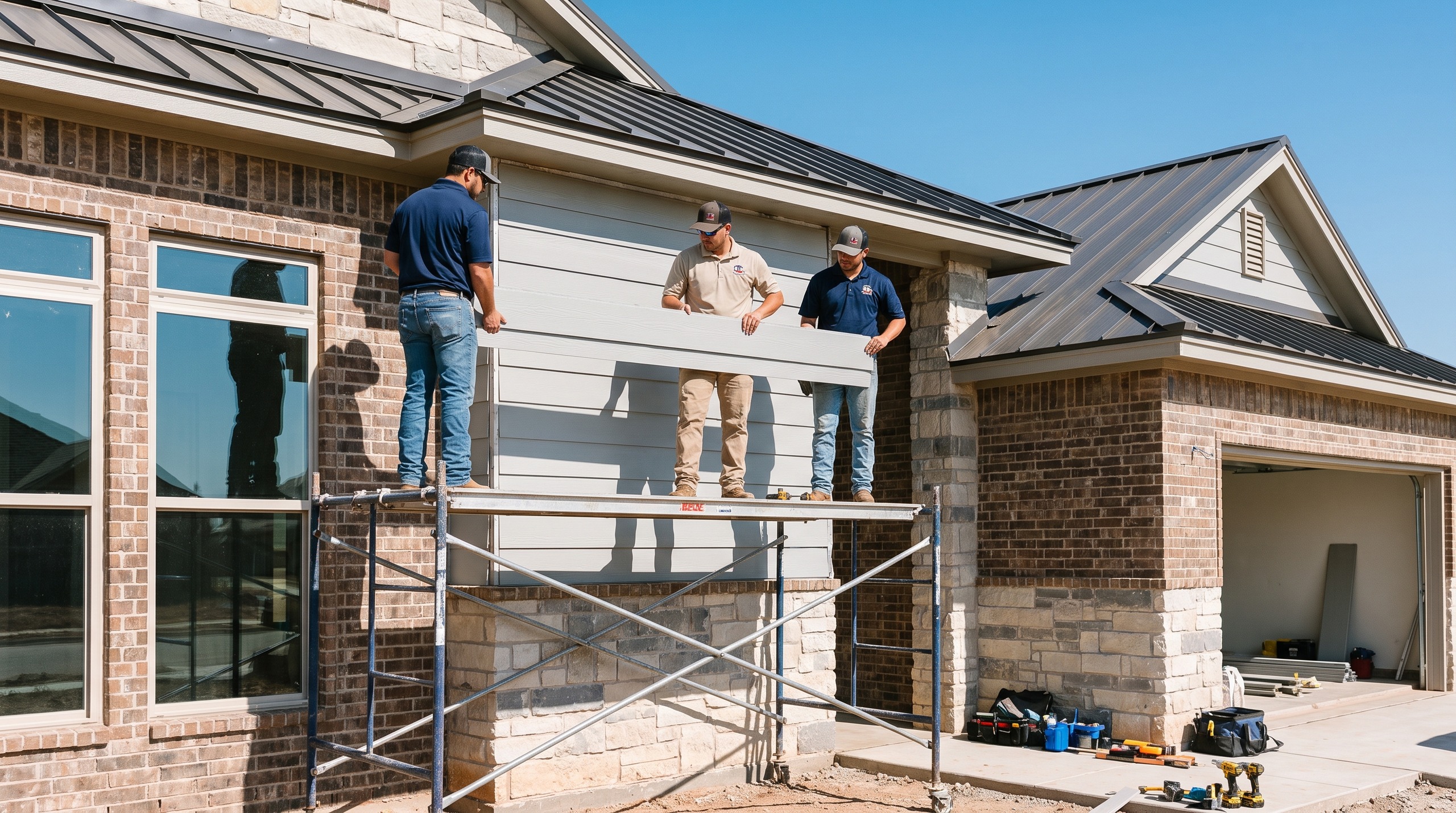 Crew completing siding installation in Lubbock with fresh fiber cement siding on a modern brick-and-stone home under a blue sky