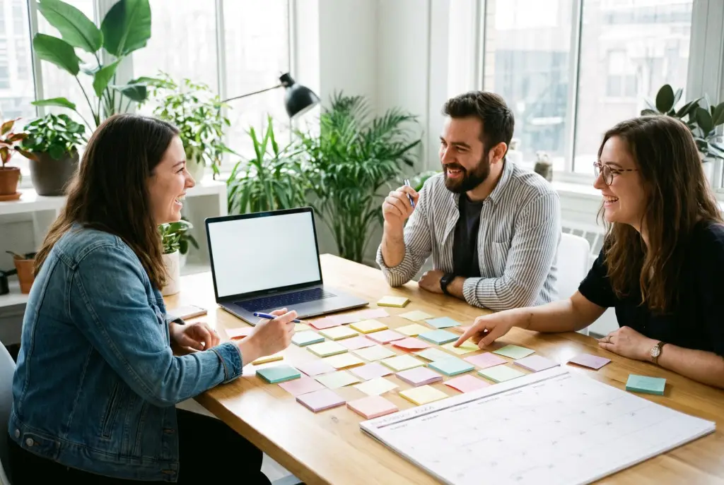 Small-business team planning a month of social media content together at a table in a bright Lubbock office