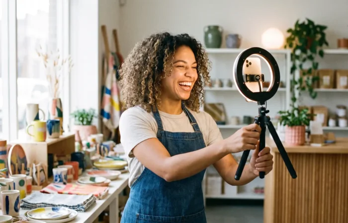 Small-business owner filming friendly social media video content on a phone inside a bright Lubbock shop