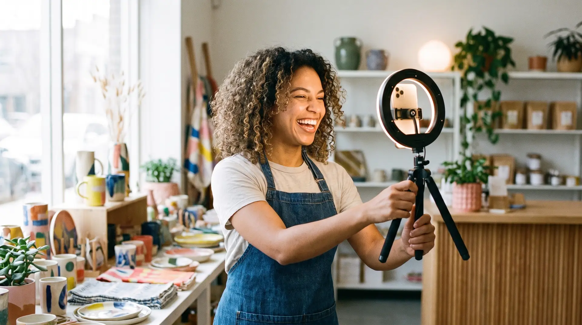 Small-business owner filming friendly social media video content on a phone inside a bright Lubbock shop