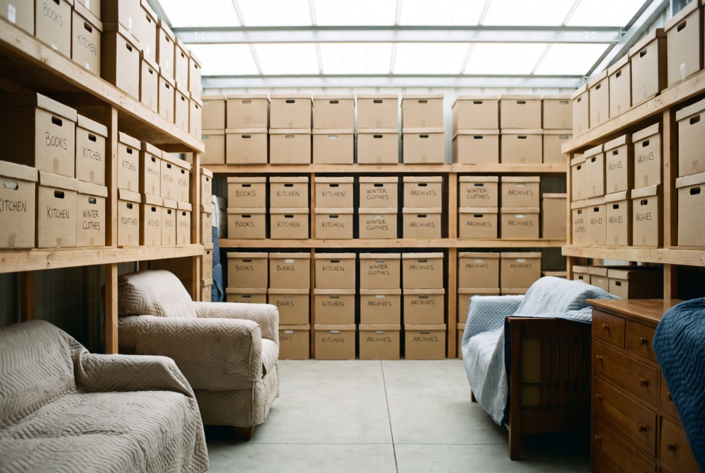 Uniformed movers handling storage and moving in Lubbock, wheeling a dolly of labeled boxes into a clean, well-lit storage unit