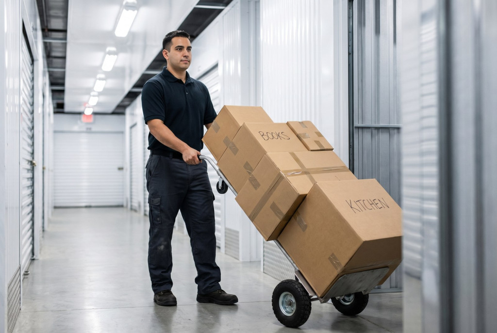 Moving and storage Lubbock crew in matching uniforms carefully stacking labeled boxes and wrapped furniture inside a clean storage unit
