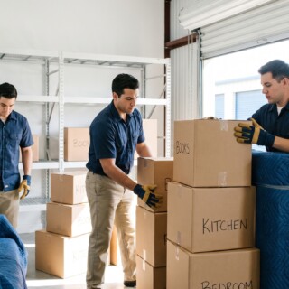 Storage and Moving in Lubbock: How to Use a Storage Unit the Right Way 8 Professional uniformed Lubbock movers loading labeled boxes from a clean moving truck into a bright, tidy storage unit on a sunny day