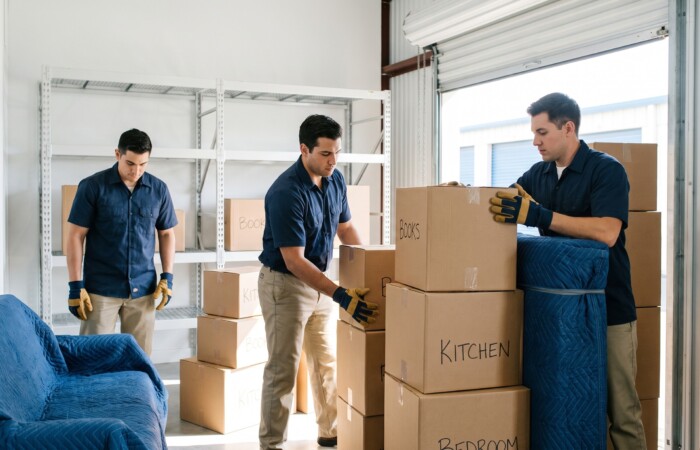 Professional uniformed Lubbock movers loading labeled boxes from a clean moving truck into a bright, tidy storage unit on a sunny day