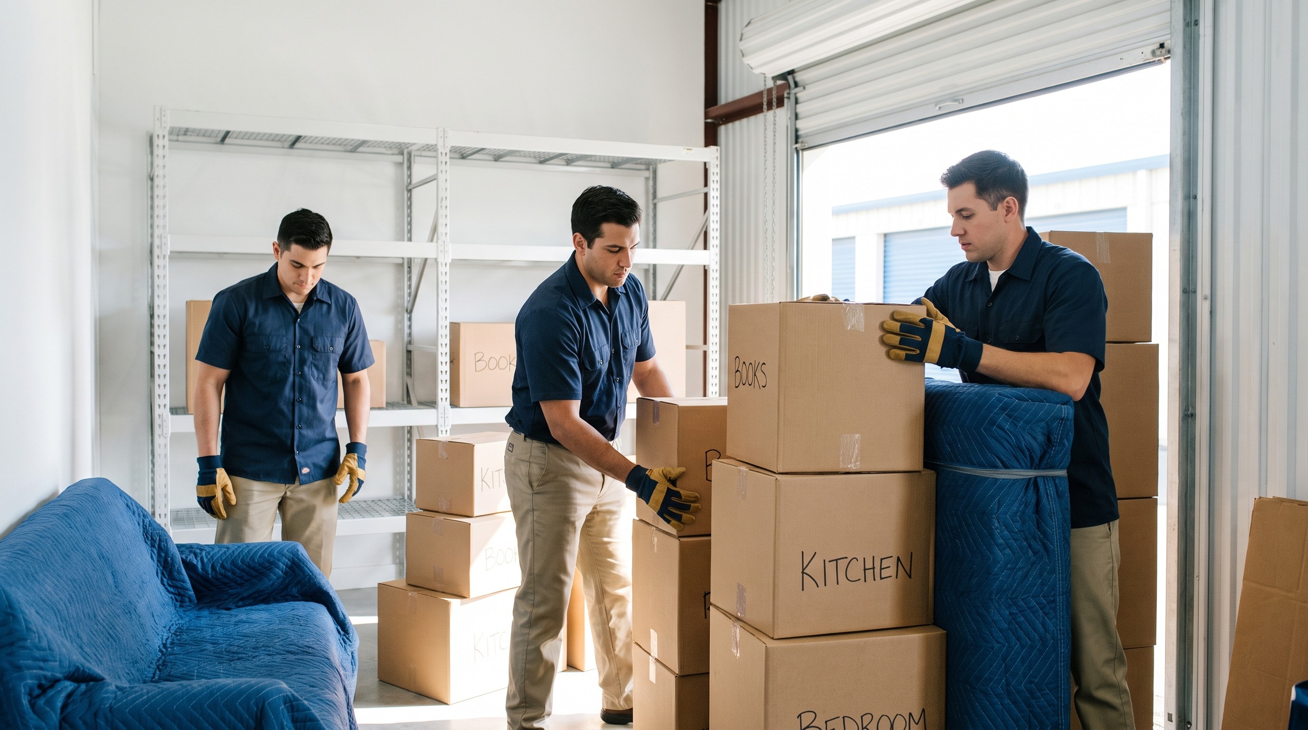 Professional uniformed Lubbock movers loading labeled boxes from a clean moving truck into a bright, tidy storage unit on a sunny day