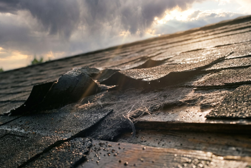 Wind-lifted shingles during storm damage roof repair in Lubbock on a modern brick home