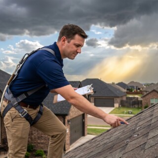 Storm Damage Roof Repair in Lubbock: What to Do After a West Texas Storm 9 Roofer beginning storm damage roof repair in Lubbock on a wind-damaged modern brick home as the sky clears to blue