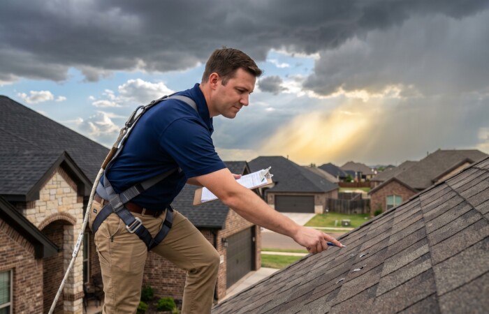 Roofer beginning storm damage roof repair in Lubbock on a wind-damaged modern brick home as the sky clears to blue