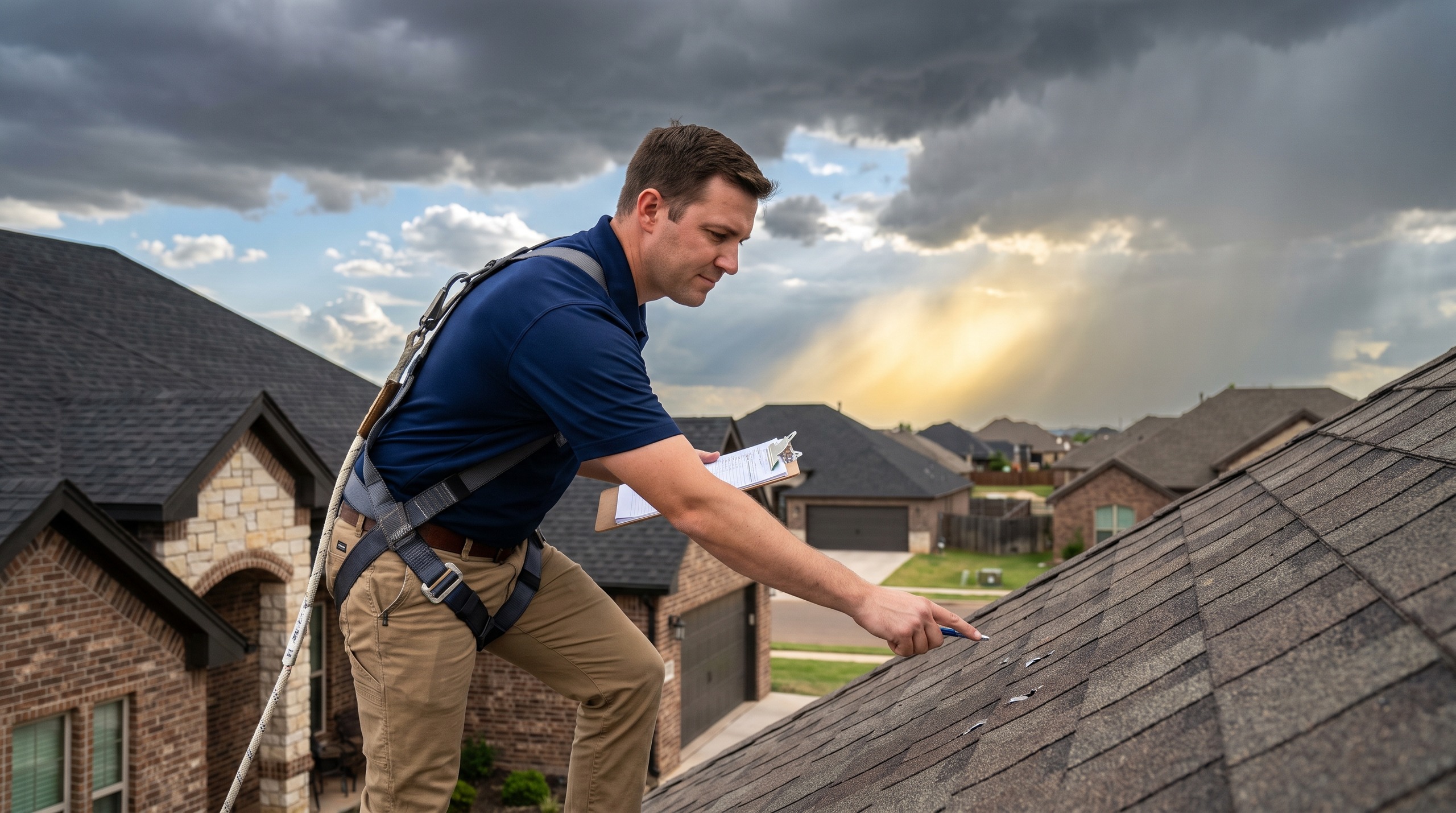 Roofer beginning storm damage roof repair in Lubbock on a wind-damaged modern brick home as the sky clears to blue