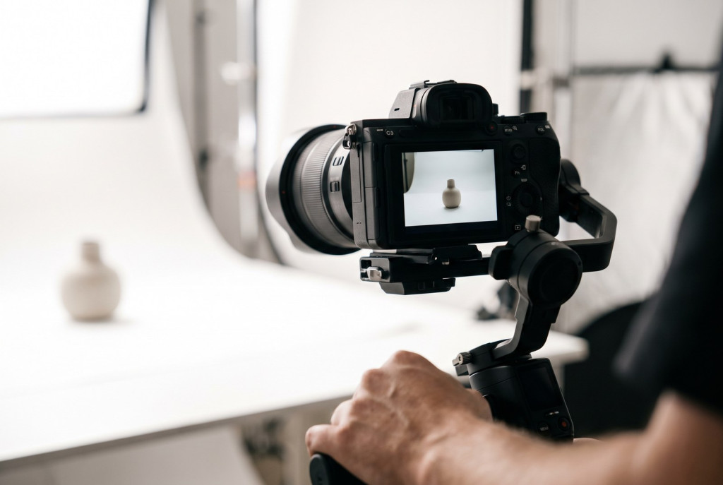 Videographer filming a video marketing clip for a Lubbock business with a camera and light in a bright modern space, screen blurred with no readable text