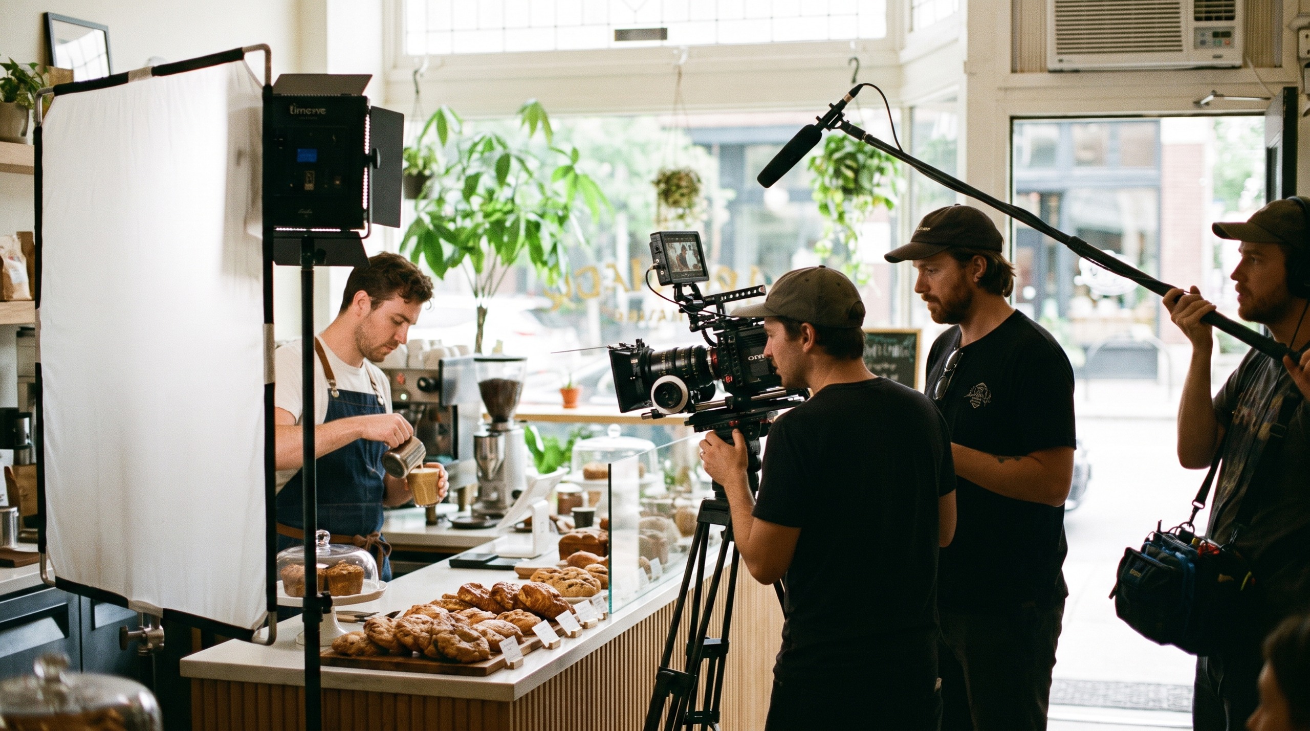 Bright modern Lubbock setting with a marketer filming a short business video on a phone stabilizer, monitor screen deliberately blurred with no readable text
