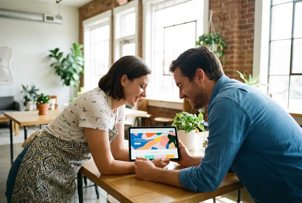 Local business owner and web designer reviewing a fast, modern website together on a tablet in Lubbock