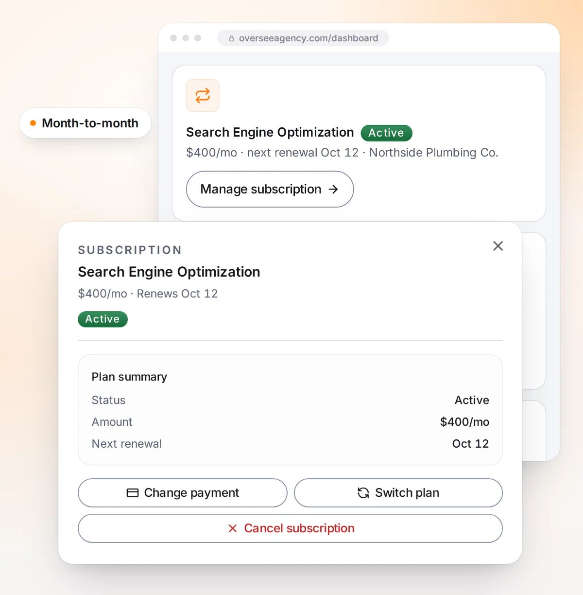 A subscription in the Oversee client portal with Change payment, Switch plan and Cancel subscription buttons