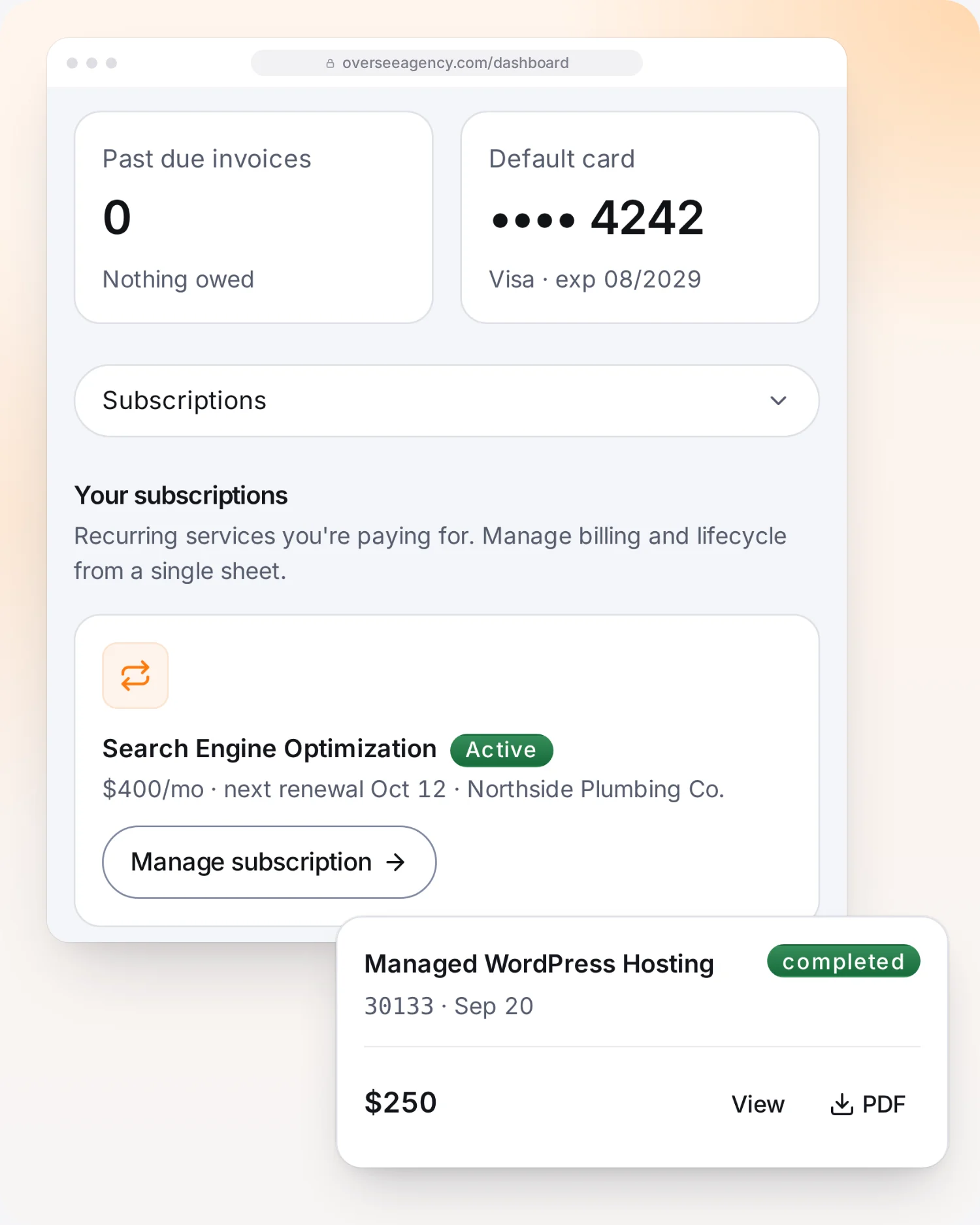 The Oversee client portal showing an active subscription with a Manage subscription button and a paid invoice ready to download as a PDF