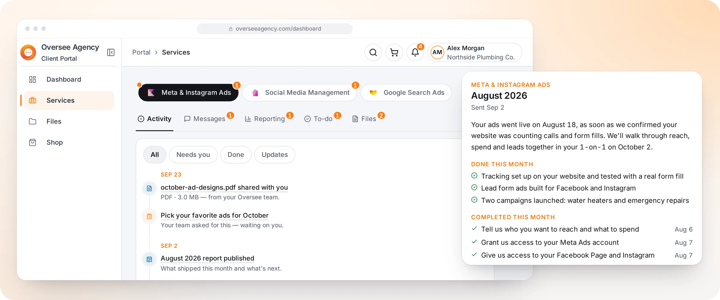 The Oversee client dashboard for an ad campaign: recent activity and the monthly report of work done