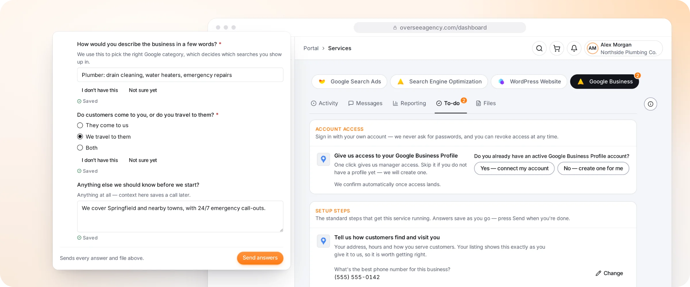 The Oversee client dashboard setting up a business listing: access and listing details