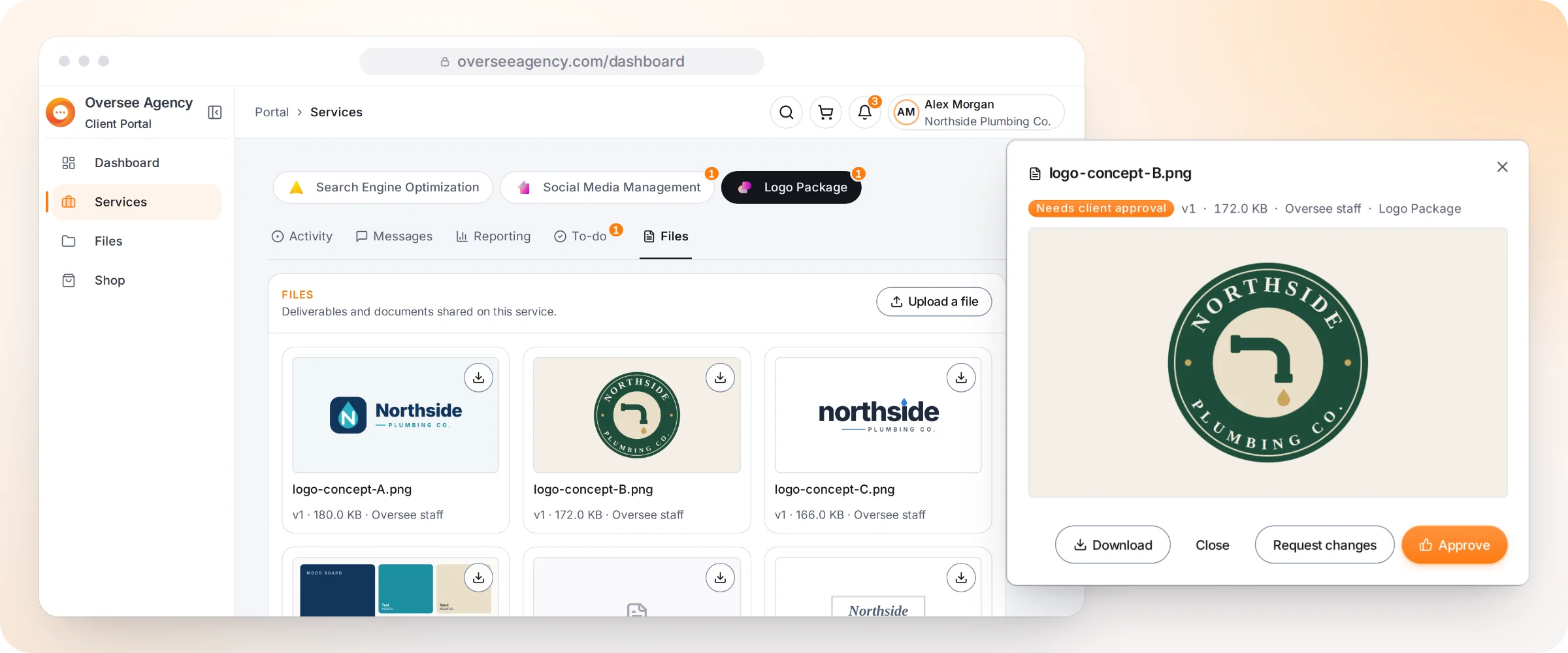 The Oversee client dashboard for design work: concepts to review and final files to download