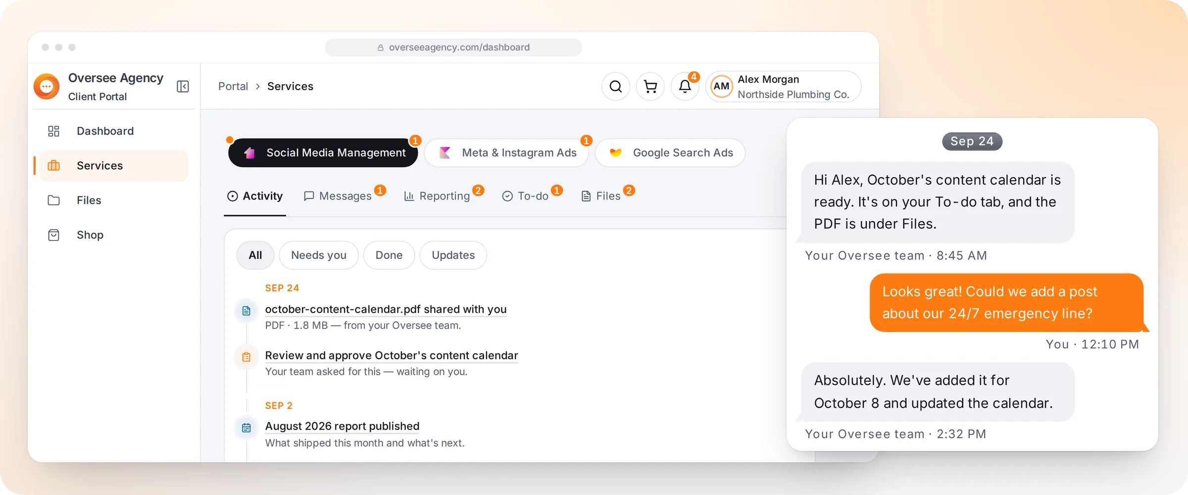 The Oversee client dashboard for social media management: content approvals, activity and messages