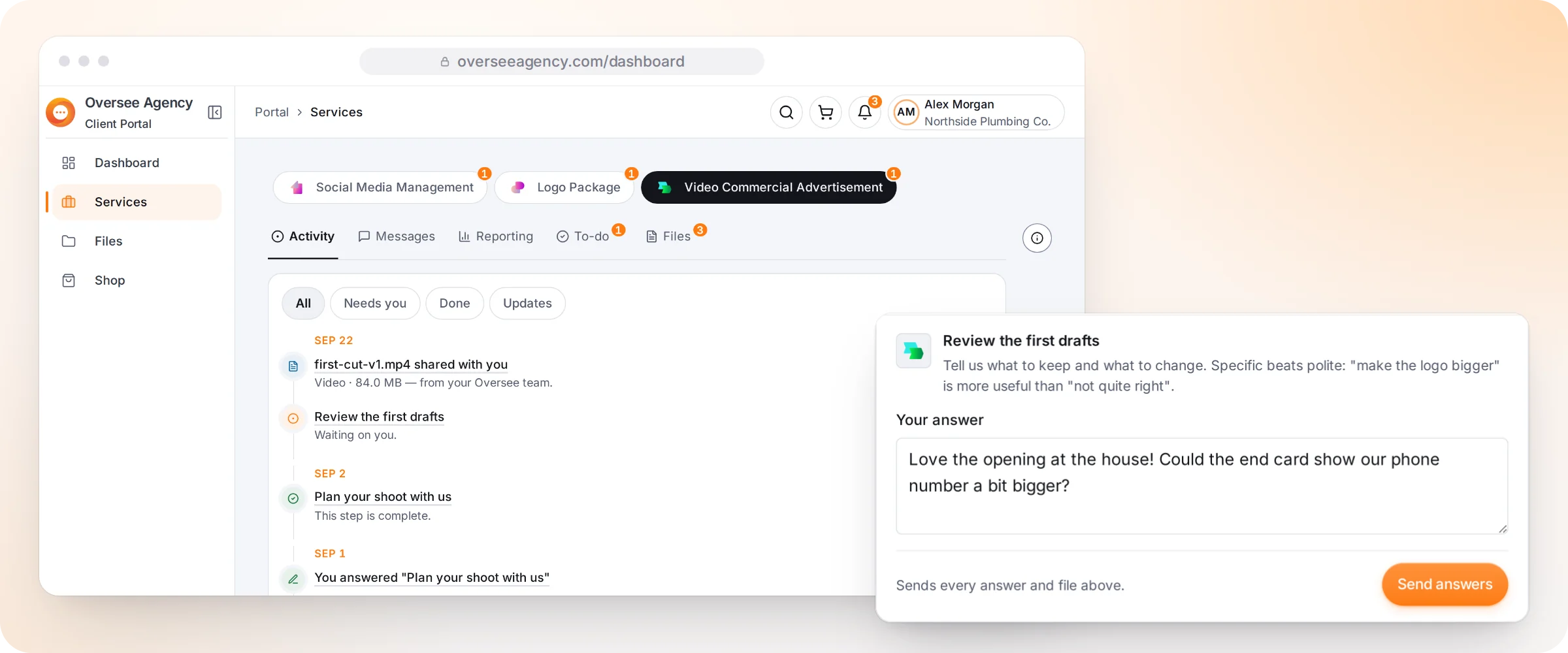The Oversee client dashboard for video production: shoot planning, drafts for review and files
