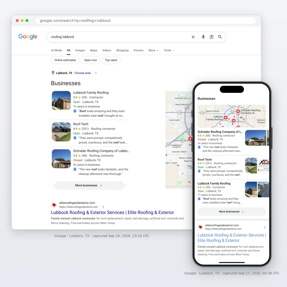 Google results for "roofing lubbock" in Lubbock, TX on desktop and phone: on desktop, Elite Roofing & Exterior is the #1 organic result, just below Google's map pack (captured Sep 26, 2026).