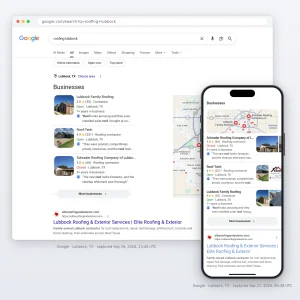 Google results for "roofing lubbock" in Lubbock, TX on desktop and phone: on desktop, Elite Roofing & Exterior is the #1 organic result, just below Google's map pack (captured Sep 26, 2026).